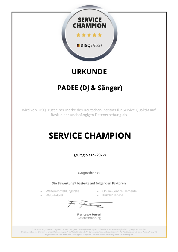 Urkunde Padee - disqtrust, Service Champion